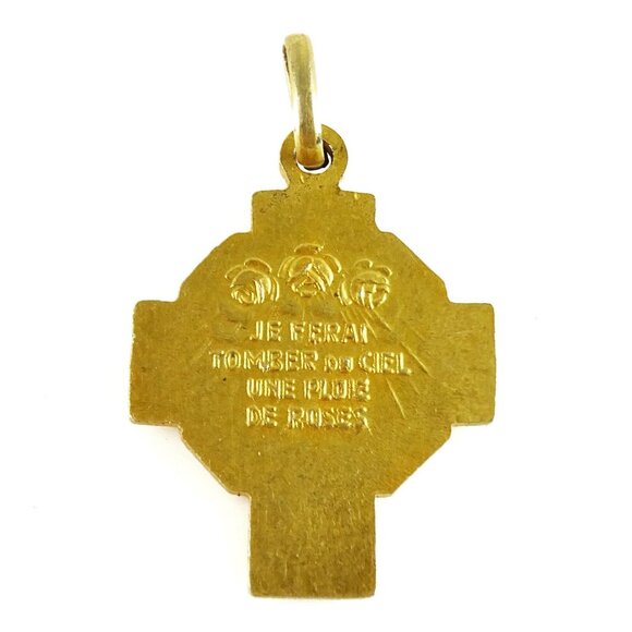 St Therese Cross Medal Pendant Goldtone Shower of Roses French Quote - Picture 2 of 3